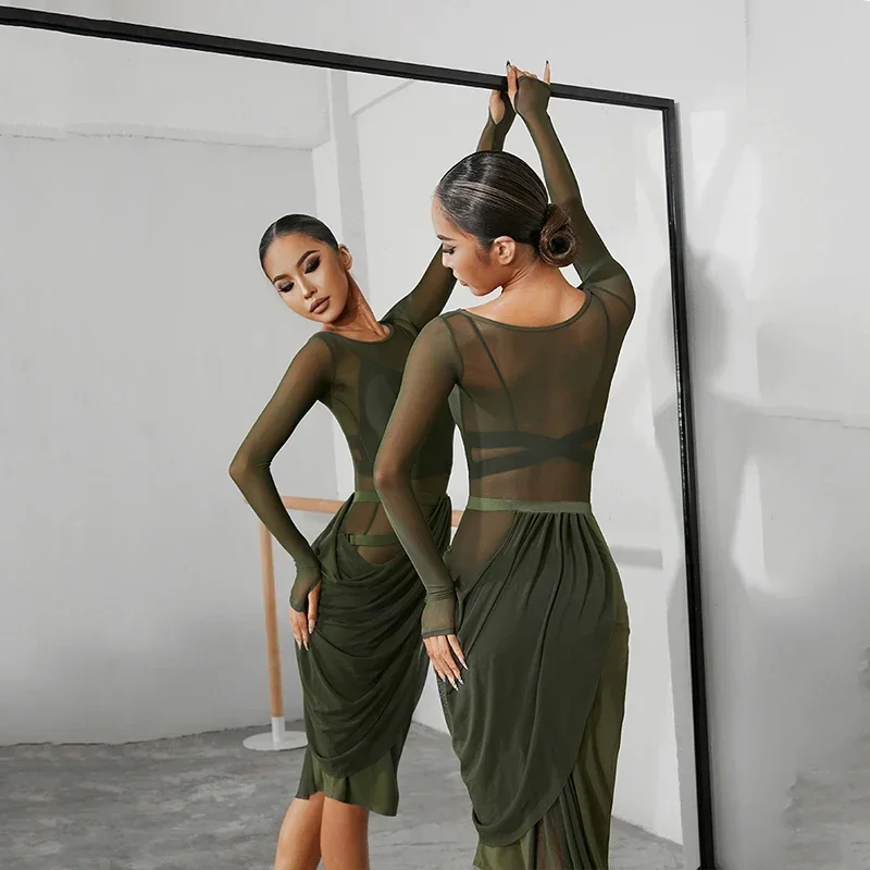 Dance Competition Dress Adult Latin Practice Wear Mesh Latin Dance Dress Women Rumba Dance Performance Costume Ballroom