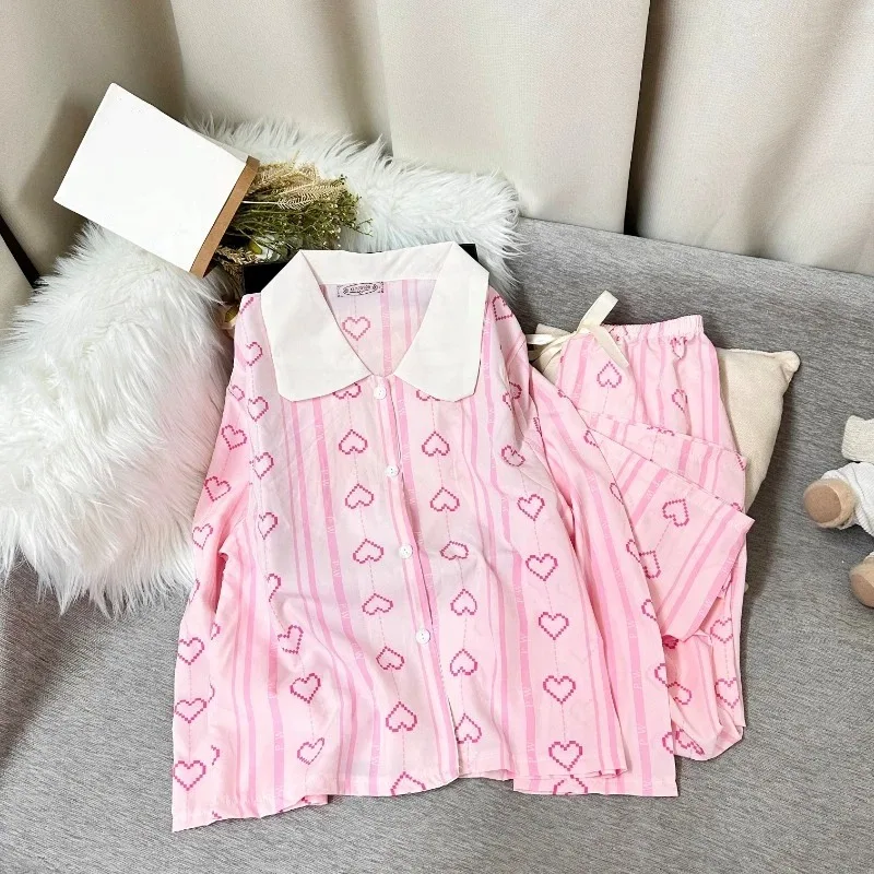 

Women's Pajamas Set Striped Love Print Korean Style Sweet Cute Pajamas Set for Women Y2K Summer Lapel Neck Casual Sleepwear