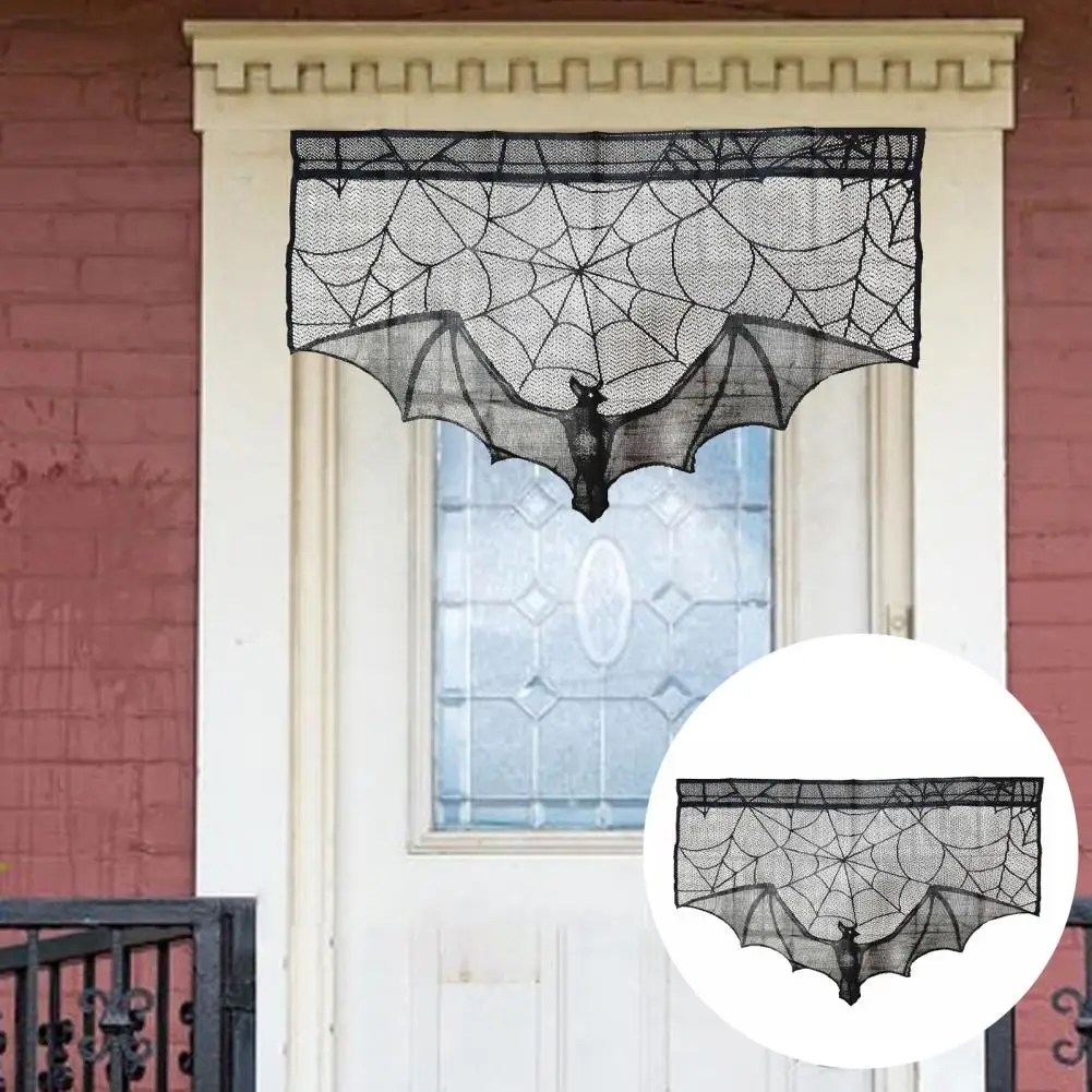 Halloween Party Window Valance Spooky Halloween Lace Decor for Haunted House Party Bat Spider Web Window Valance for Fireplace