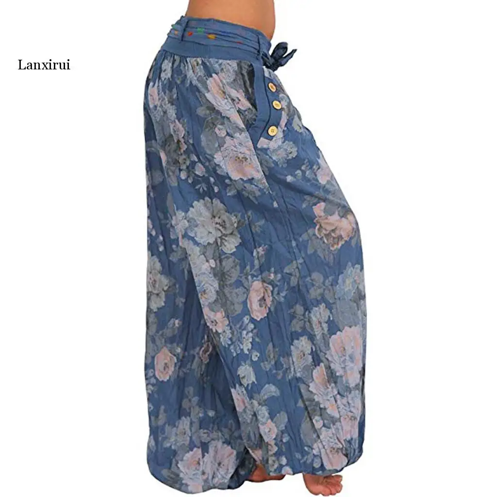 

Women Printed Pants Band Women Width Leg Loose Pocket Pants Casual Ladies Pants