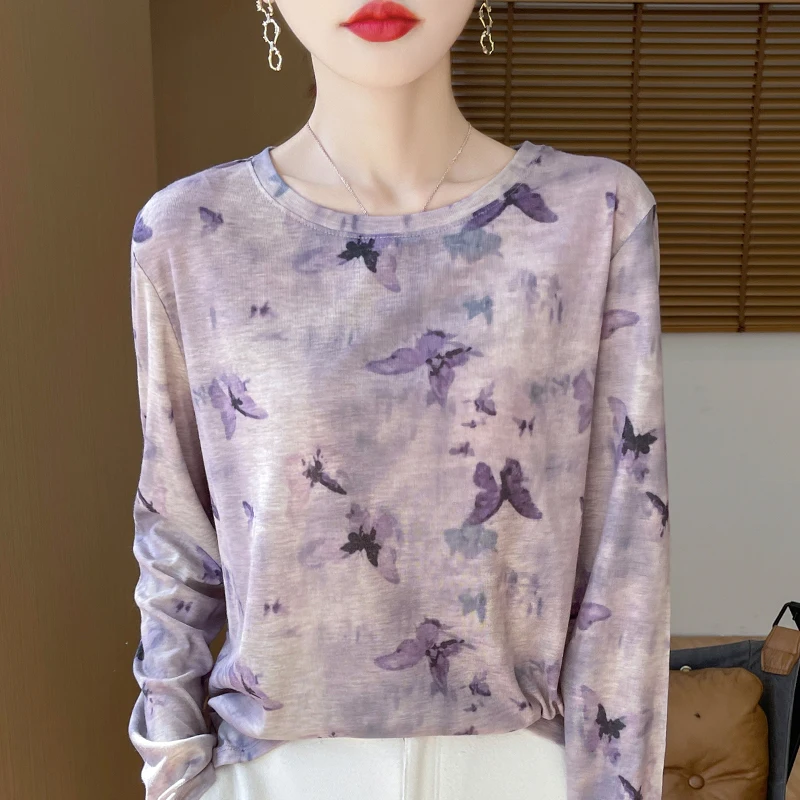 Spring And AutumnNew Women\'s Round Neck Pullover Multi-Color Printed Casual Base Sweater Long Sleeved Loose Fashion Sweater