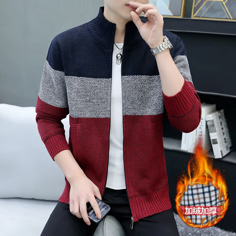 2024 Winter Men Sweater Add Velvet Cardigan Patchwork Color Stand Collar Male Casual Zipper Knitted Thick Warm Sweatercoat