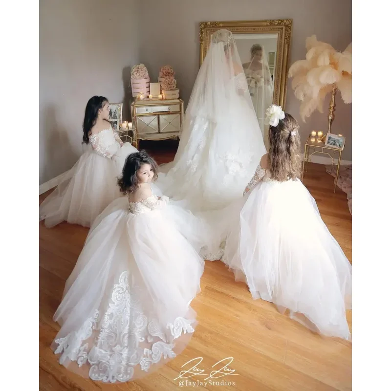 Babyonline long sleeve white ivory flower girl dresses for wedding guest child kids bridesmaid lace floral tulle skirt ball gown