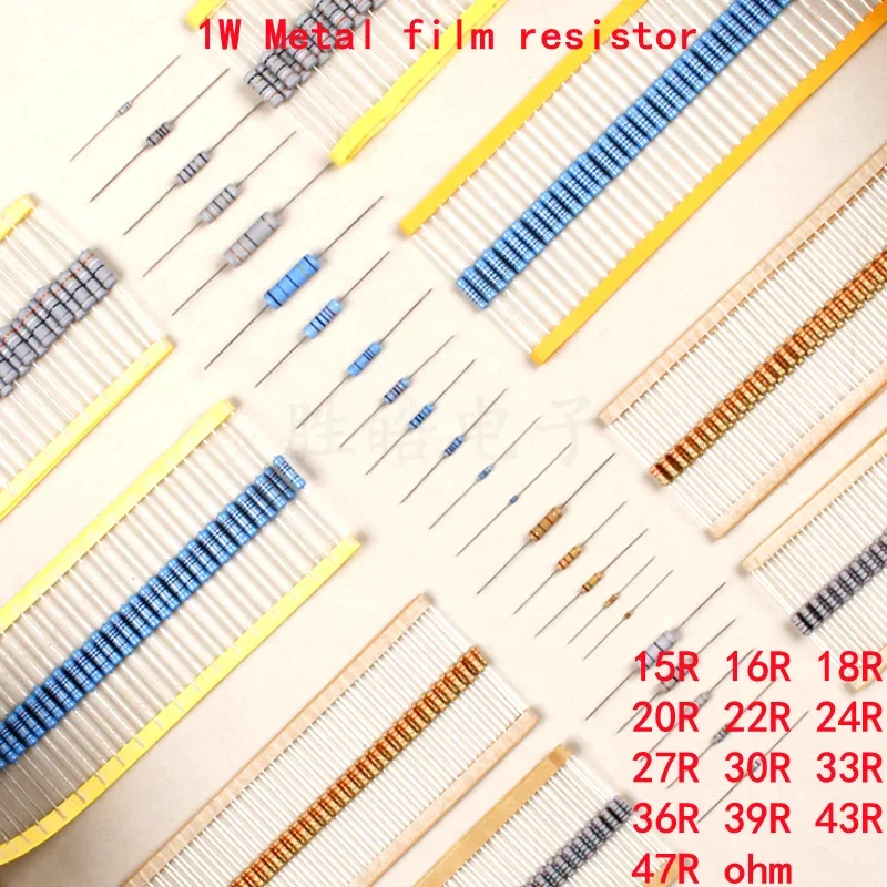 

20piece 1W Metal Film Resistor 1% NEW 15R 16R 18R 20R 22R 24R 27R 30R 33 36R 39R 43R 47R Ohm Accurate High Good Quality Ohms Dip