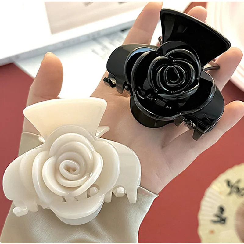 Elegant French 6.7cm Three-Dimensional Rose Flower Half Grab High Quality Acetate Pure Colorful High Ponytail Shark Clip