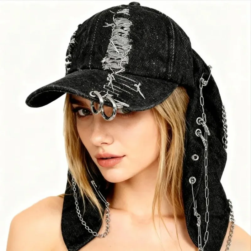 1PCS Distressed Design Baseball Caps Gothic Y2K Grunge Style Baseball Cap with Bunny Hat Chains for Men Women Fashion Decoration