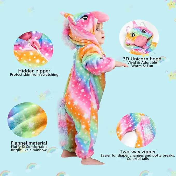 LOlanta Baby Animal Costume Unicorn Jumpsuit Infant Hood Fleece Onesie Toddlers Rompers Birthday Christmas Infant Gifts