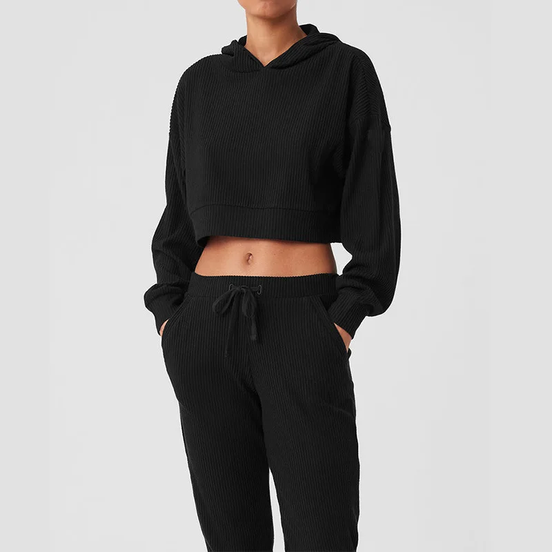 Corduroy Sweatshirts Women Tracksuit Loose Crop Top And Drawstring Sweatpants Sets Hoodie + Trouser Autumn Sporty Women Suit