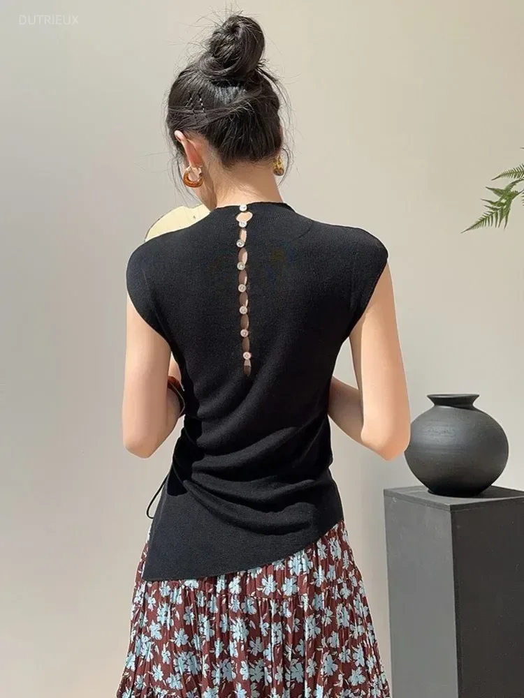 Summer French O Neck Small Fly Sleeve Basic Shirt Simple Temperament Backless Single Breasted Clothes Side Drawstring Split Tops