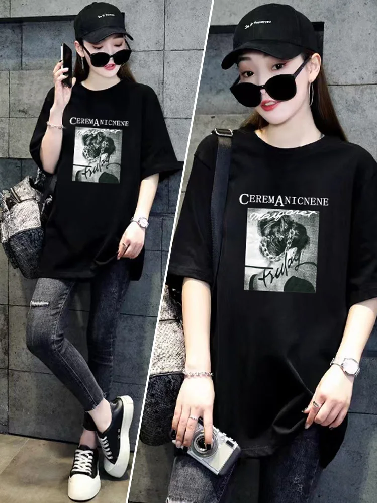 Ice Silk ort Sve T-irt Women's Loose Lazy Sle Summer Retro Cool Feeling Cotton Korean Version round Ne Print Top