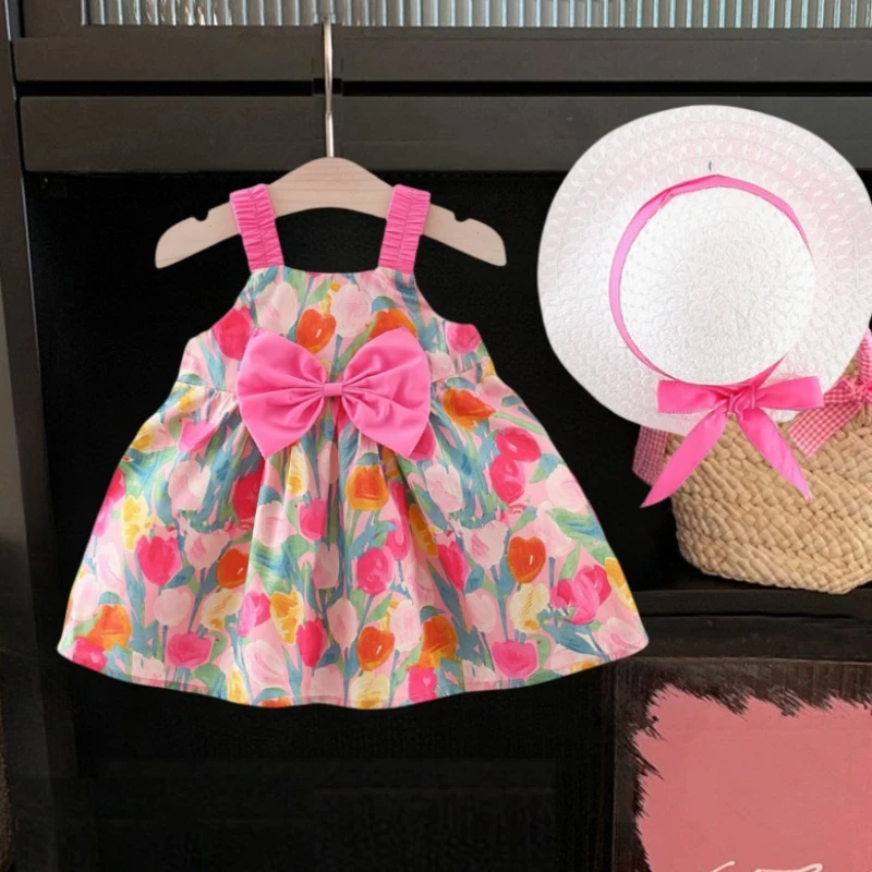 

Summer Newborn Girl Pink Dress Flower Printed Bow Sling Dress Baby Girl Clothes Send Hat