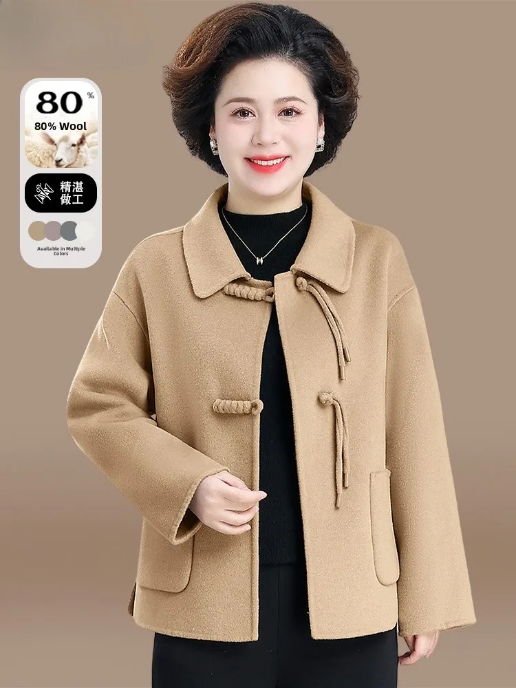 

Двустороннее шерстяное пальто из кашемира для женщин, осенняя модная верхняя одежда для среднего и старшего возраста, новая китайская коллекция весна-осень