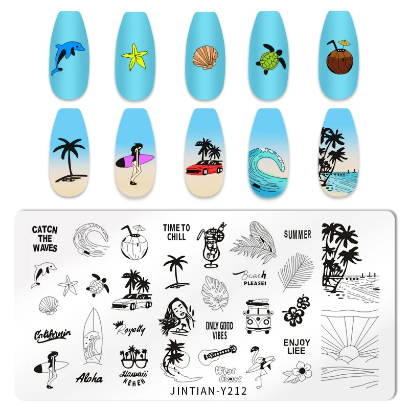 Summer Nail Art Stamp Plate albero di cocco foglia Plam Tree star Flish Stamping Template Beach sea wave Summer theme Manicure Tools