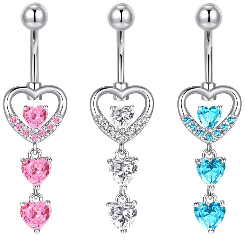 Mode Perzik Hart Hanger Rhinestone Rvs Navel Ring Ornament Voor Vrouwen Lichaam Sieraden