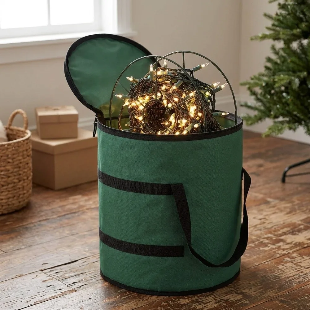 Portable Carry Case Light Storage Bag Christmas Decorations Dual Zipper Oxford Cloth Cylindrical Storage Organizer With Handles