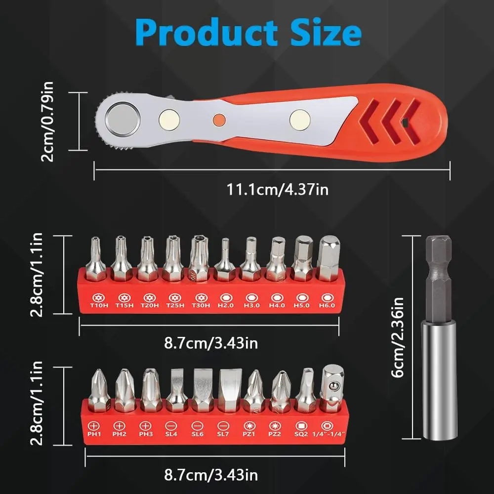 22 PCS Ratchet Screwdriver Set 1/4 Mini Ratchet Wrench Right Angle Screwdriver with Phillips Torx Magnetic Bit for Small Spaces