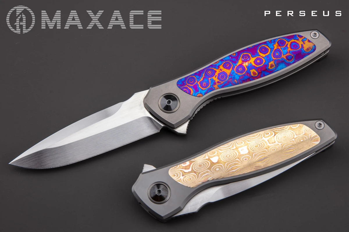 Maxace Perseus CPM-MAGNACUT Timascus Inlay Folding Knife Tactical Survival Knife for Hunting Camping Fishing Fruit Cutting Tool