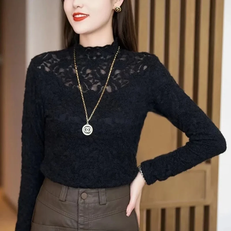 Autumn and Winter Style High End Plush Thickened Half High Neck Casual Bottom Shirt Versatile Warm Inner Lace Small Shirt