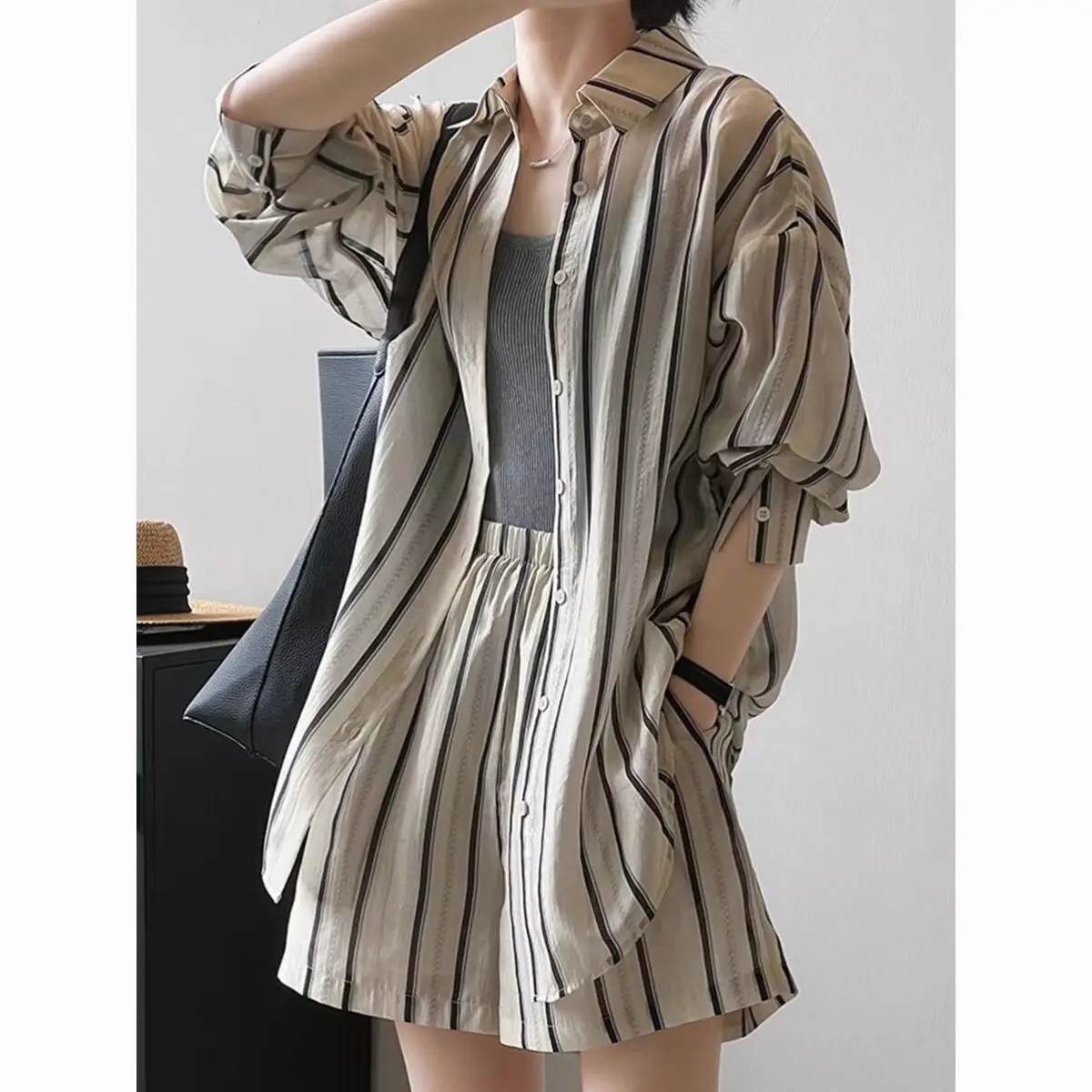 

Women's Striped Sun Protection Shirt Shorts Set UPF50+ Korean Style Summer 2025 Loose Casual 2 Piece Outfit Lightweight Fashion