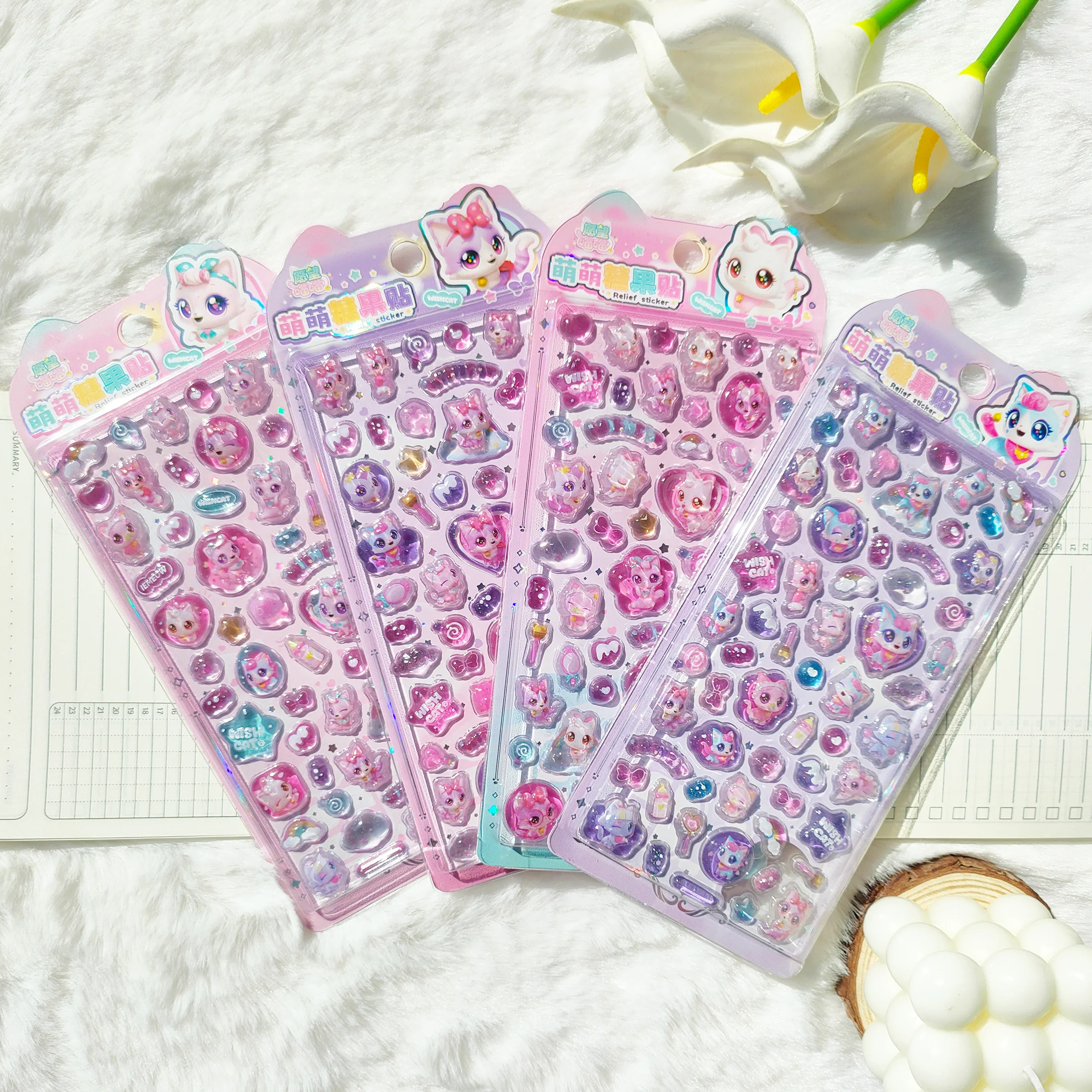 New Hot Cute 3D embossed stickers featuring candy cat and star patterns, suitable for handmade decorative stickers