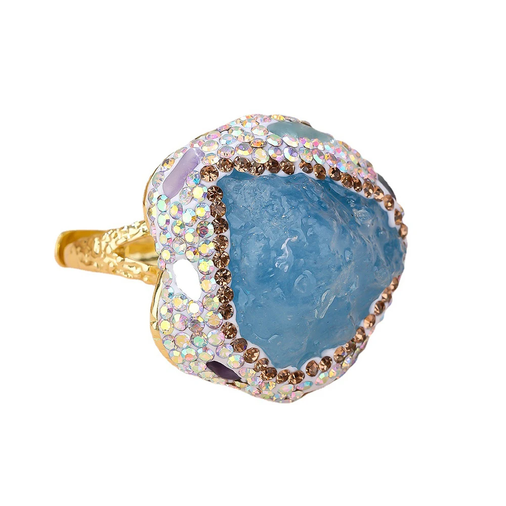 Handgefertigter natürlicher Amethyst Druzy Aquamarin Rohstein Ring Unregelmäßiger Kristall Verstellbare Öffnung Boho Damenschmuck Geschenk für Sie – Detail 8