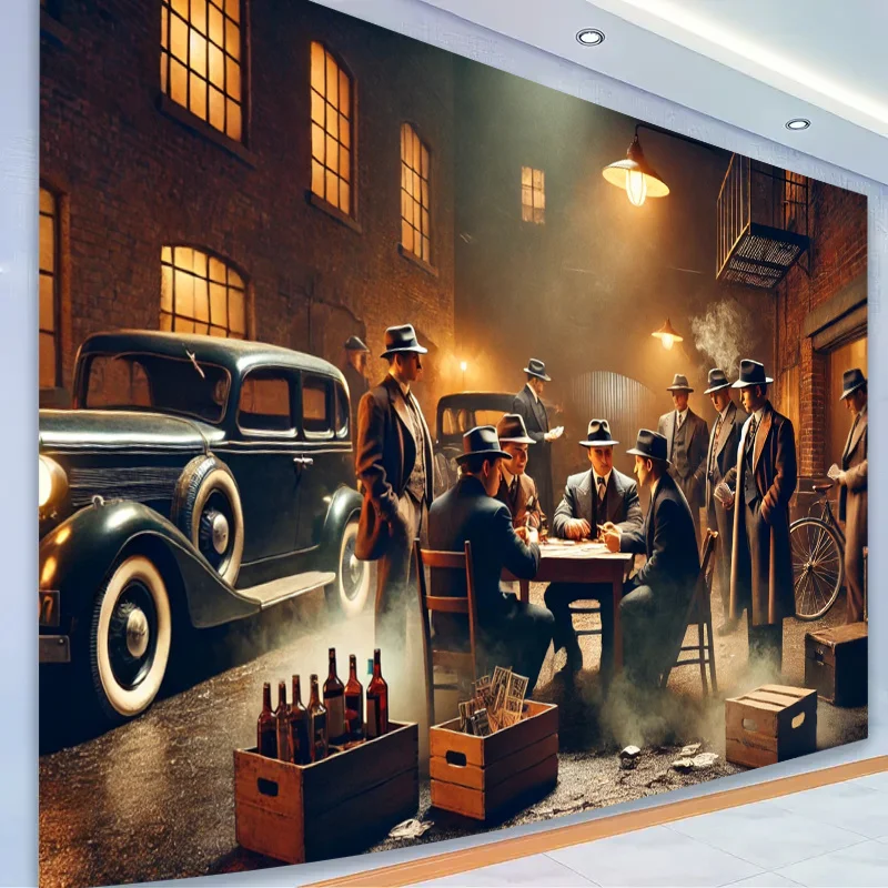 Vintage Americana Wall Tapestry Retro Art Deco Gangster Street Scene Old Car Movie Poster Print Industrial Style Decor Polyester