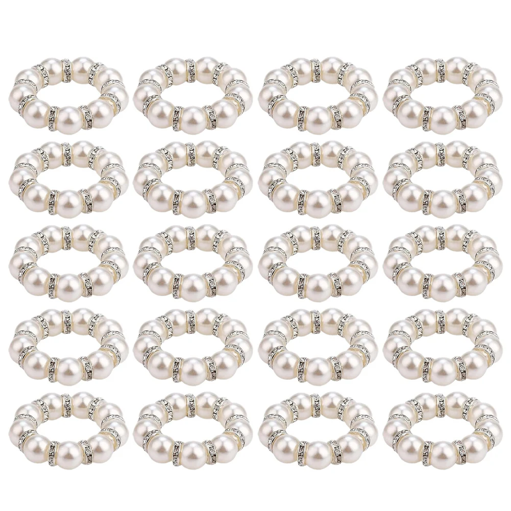 Elegant Round Pearl Napkin Rings Set of 20 with Rhinestones and Double Elastic Bands for Dining Table Decoration