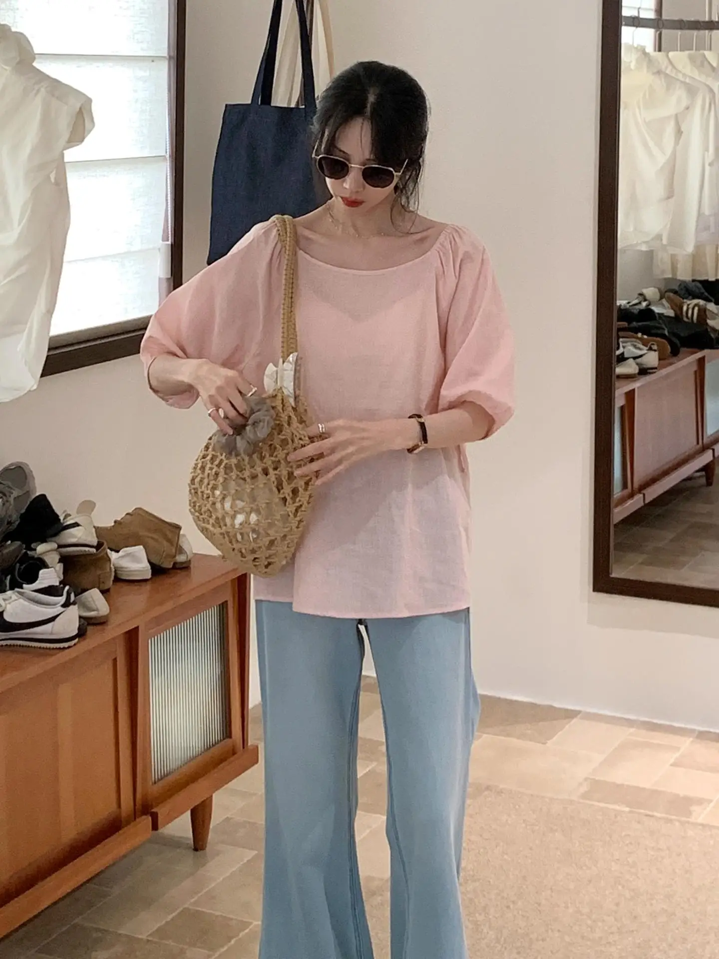 

BRIVIN Korean Sle Pink Bubble Sve irt Women's Summer New Sun Protection Design Thin Top Skin-friendly Breathable