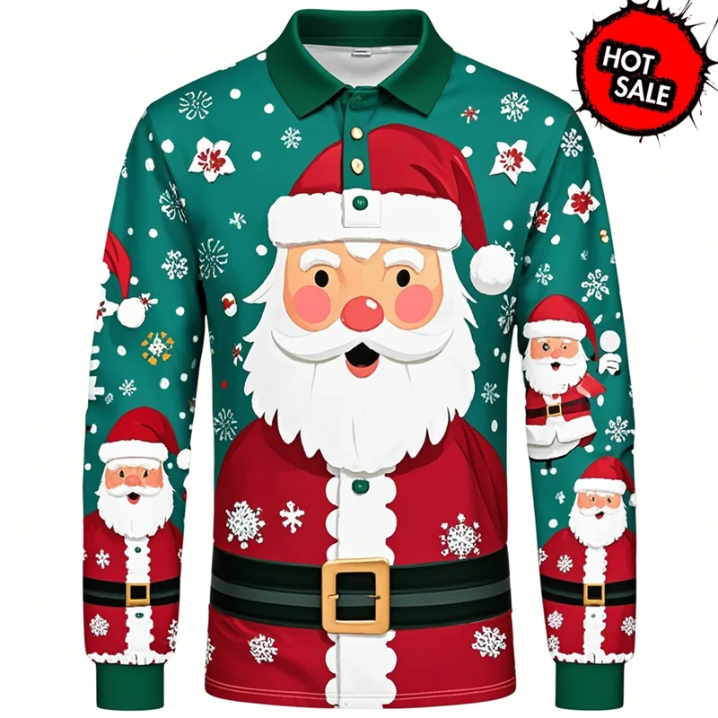 2025 Santa Claus Graphic Men's Polo Shirts Christmas Theme Long Sleeved Lapel Clothes Stylish Casual Autumn Winter Male Pullover