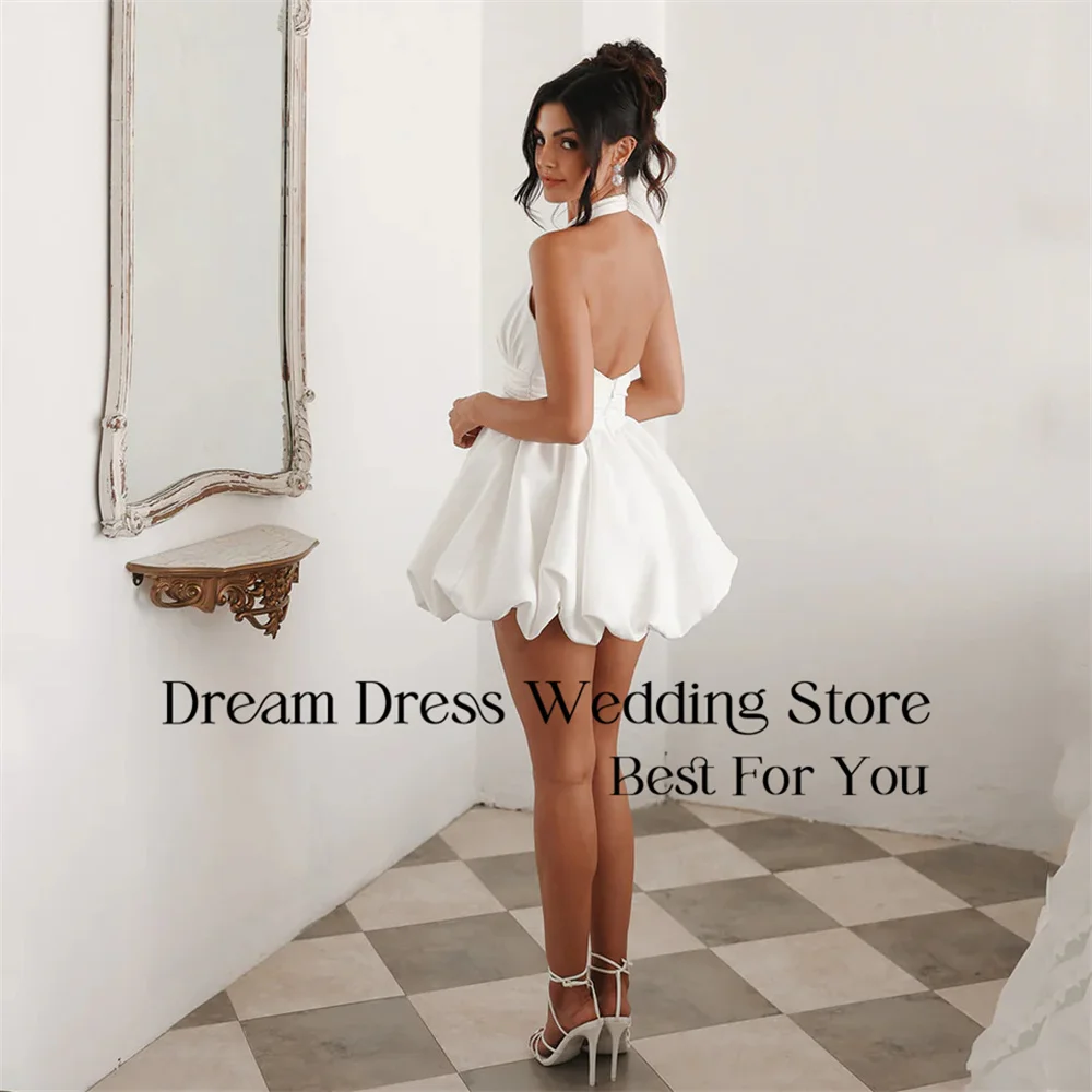 DREAM Halter A-Line Abiti da sposa corti Piega in raso con scollo a V senza maniche Backless Semplice abito da sposa Abiti da sposa personalizzati