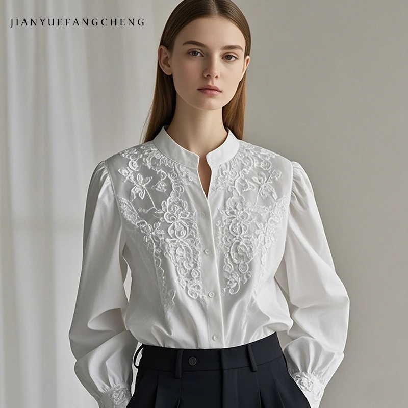 

Customizable 2025 Spring Women's White Shirt - Elegant & Fashion Long Sleeve Round Neck Top with Exquisite Embroidery Blouses