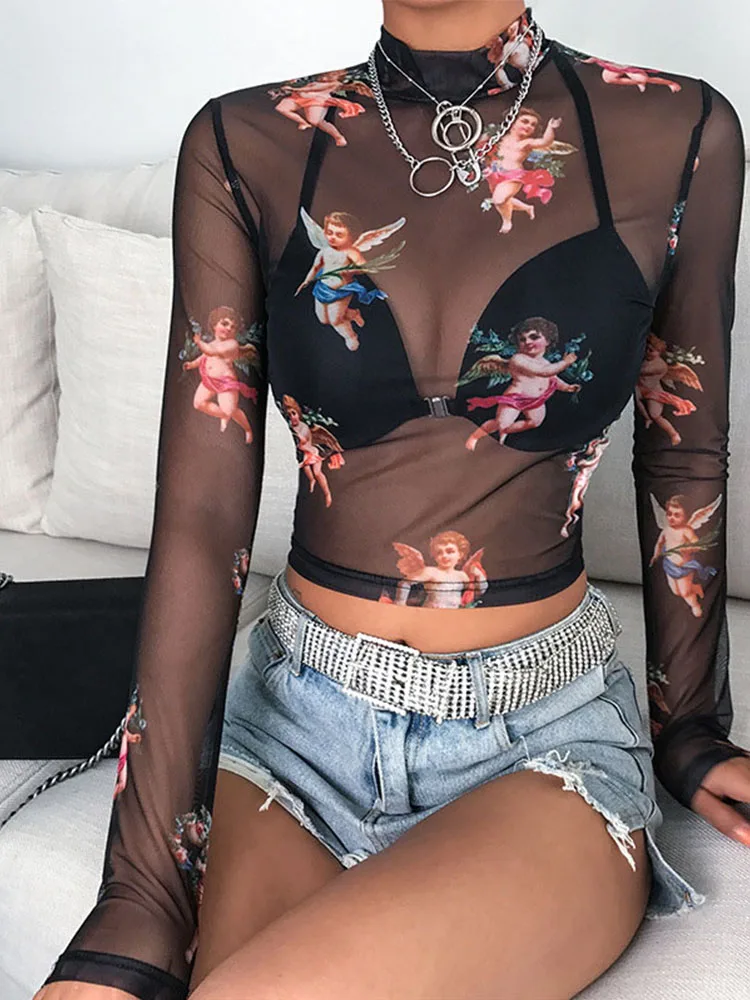 

Sexy Women T Shirt See Through Transparent Mesh Tops Long Sleeve Sheer Slim Ladies Turtleneck T-Shirt New Arrival Women tshirt