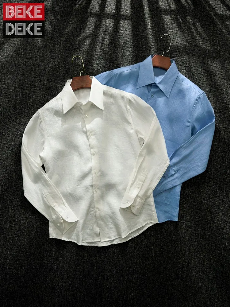 Summer Mens Long Sleeved Linen Shirt Turndown Collar Solid Color Breathable Shirts Single Breasted Casual Skin Friendly Tops