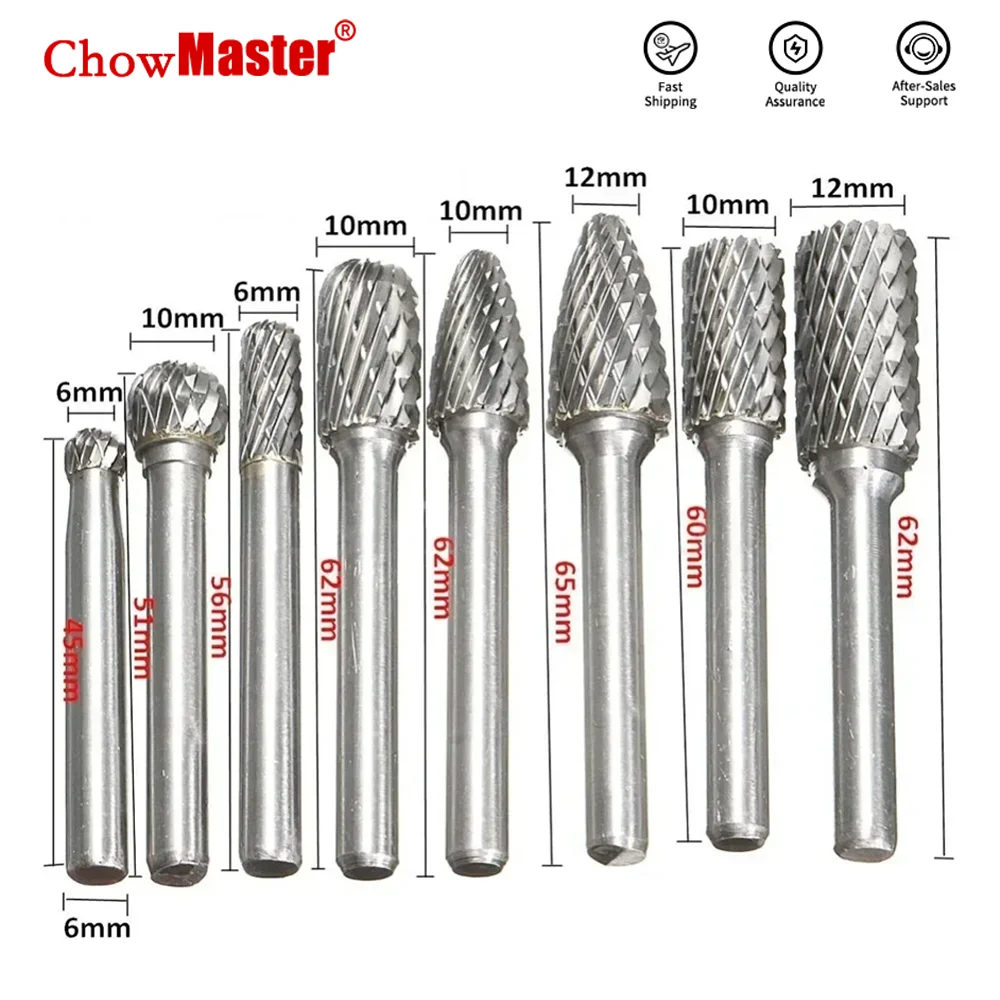 

Chowmaster 8PCS 6mm-12mm ACDF Type Tungsten Carbide Rotary File Set Double Cut Rotary Burr 6mm Shank Carving Bit for Metal