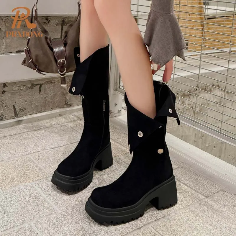 PRXDONG New Brand Autumn Winter Warm Knee High Boots Chunky High Heels Platform Black Khaki Dress Casual Lady Shoes Rozmiar 34-39