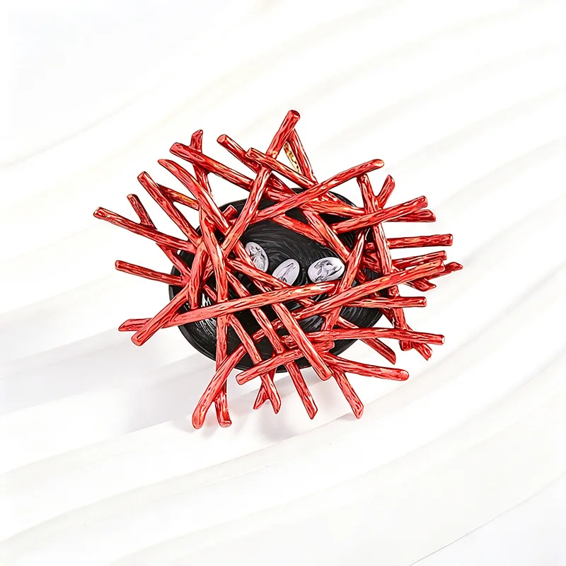 Abstract Red Rustic Branch Nest Brooch, Artistic Bird Nest Lapel Pin for Creative Outfit Accent