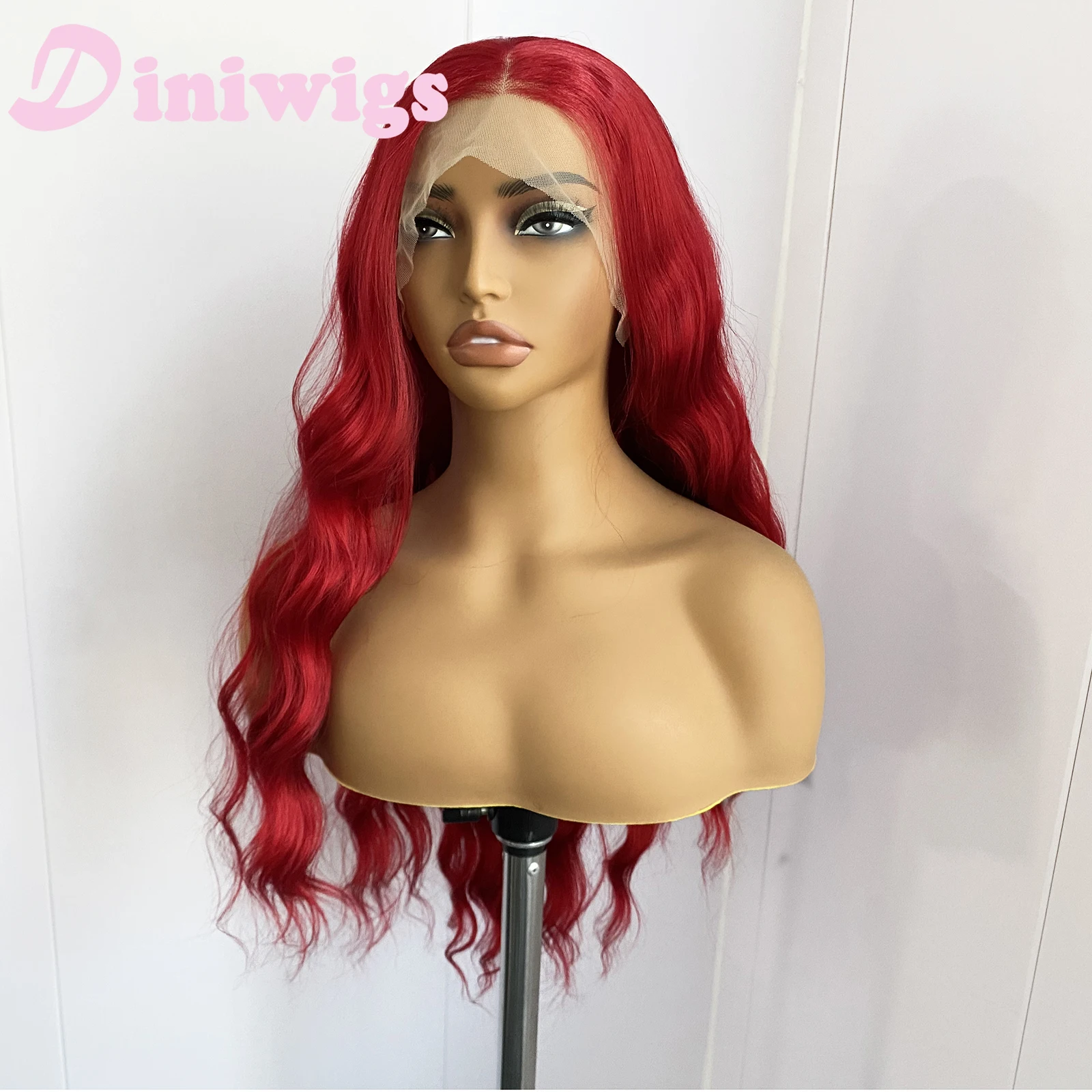 Diniwigs الأحمر الدانتيل شعر مستعار أمامي طويل الجسم موجة الاصطناعية الدانتيل الباروكة شعري طبيعي الاستخدام اليومي تأثيري الباروكات للنساء مقاومة للحرارة