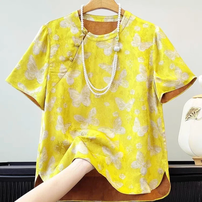 

Chinese Style Women's Blouses Printed Vintage Shirts Fashion Loose Summer Clothes O-neck Short Sleeved Satin Women Tops