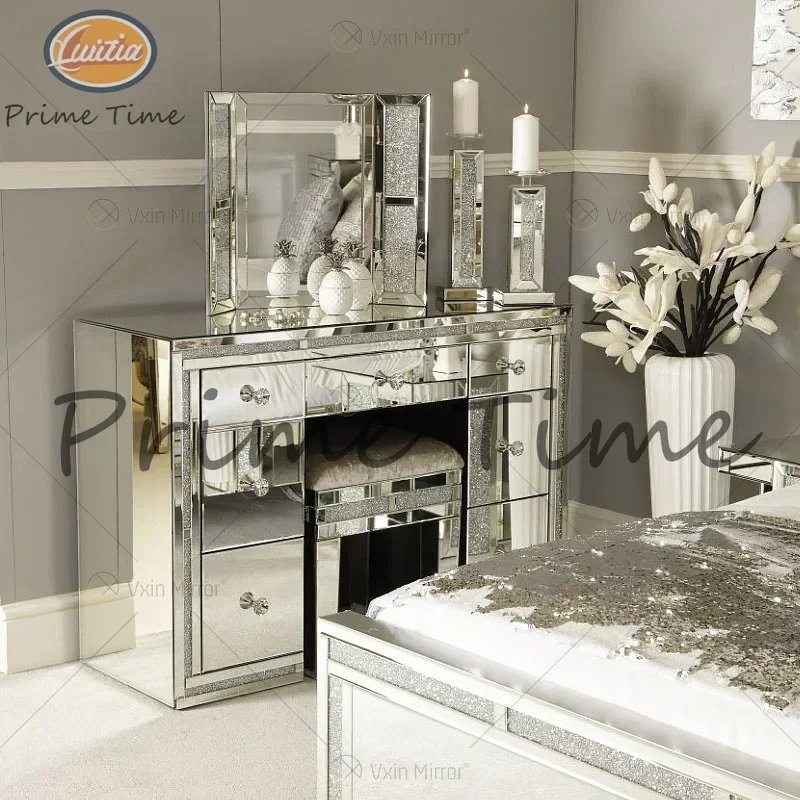 Crystal Shinny Mirrored Frame Decor Vanity Dresser Silver Glass Dressing Table For Bedroom Furniture