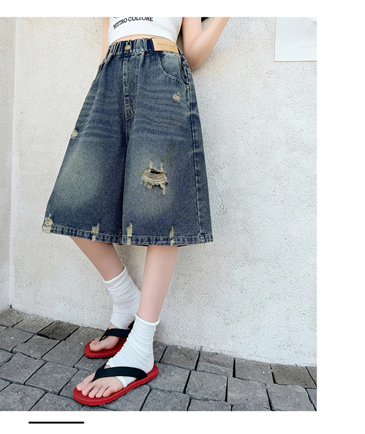 Sommer Vintage Kinder Koreanische Mode Loch-Denim-Shorts Mädchen Lässige Über-Knie-Denim-Hosen Elegante Zerrissene Mini-Jeans für Teenager – Detail 4