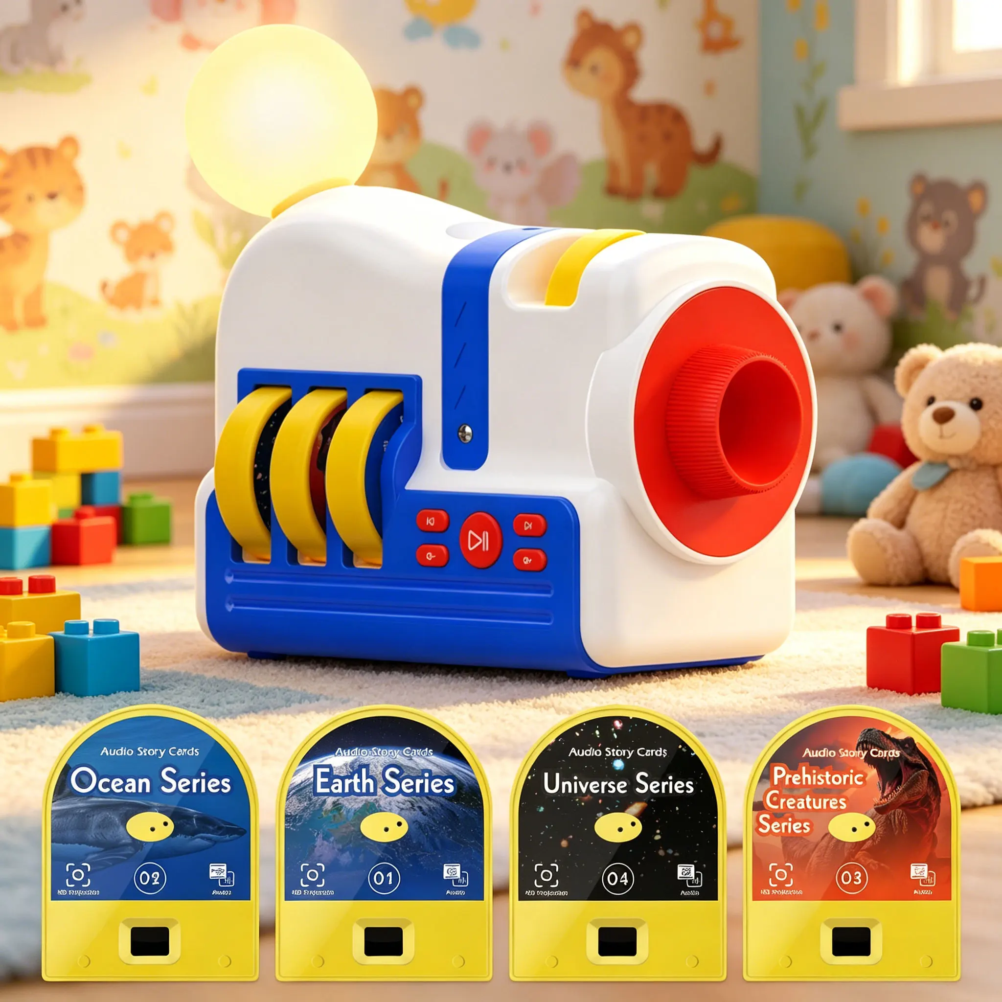 Kids Story Projector Night Light 3-in-1 White Noise Adjustable Focus Bedtime Educational Toy Kids Sleep Story Projection Birthda