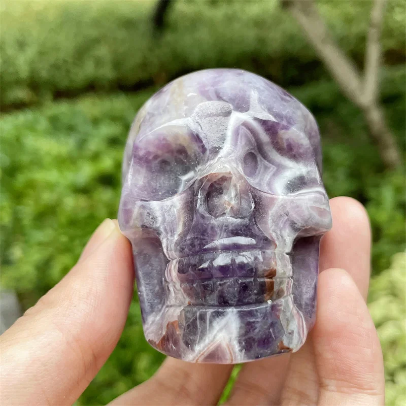 8CM Natural Dream Amethyst Head Skull Mineral Gems Carved Reiki Healing Gift Crafts Feng Shui Home Decoration Stone Statues 1pcs