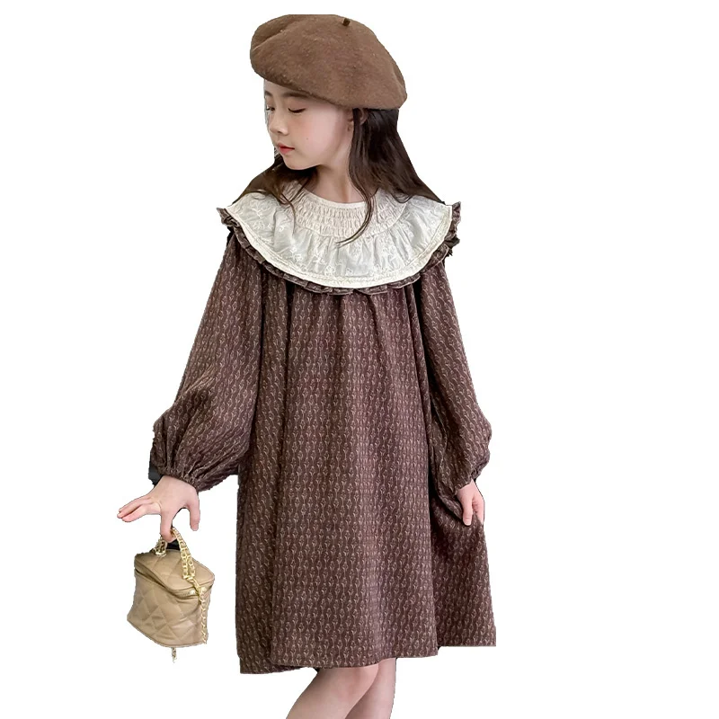 

Children Long Sleeve Autumn Dress for Girls Kids Chocolate Brown Color Dresses With Ruffled Neck Collar Clothing 5 6 8 10 12 14Y