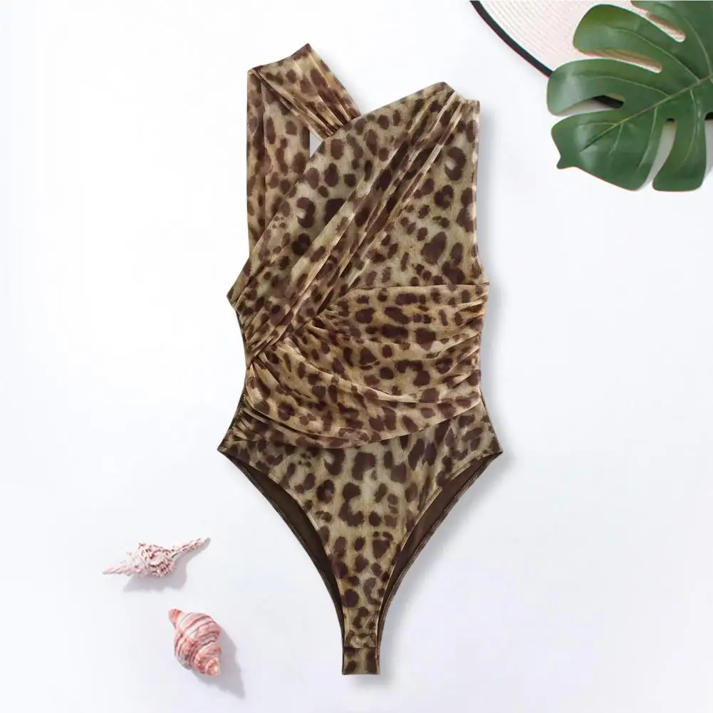 

Swimming Pool Bodysuit Leopard Print Playsuit for Women Summer Beach Party Bodysuit with High Elasticity Hollow for Swimming