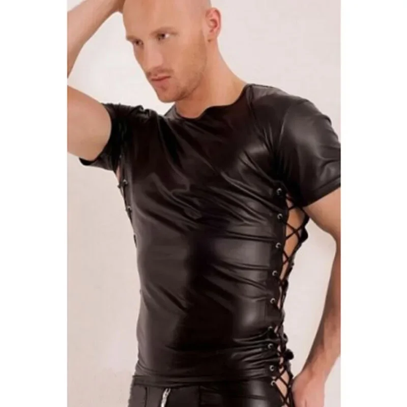 

New Hot Sale Summer Style Fashion Black Faux Leather Men Sexy Lingerie Fitness Tops Tees T Shirts