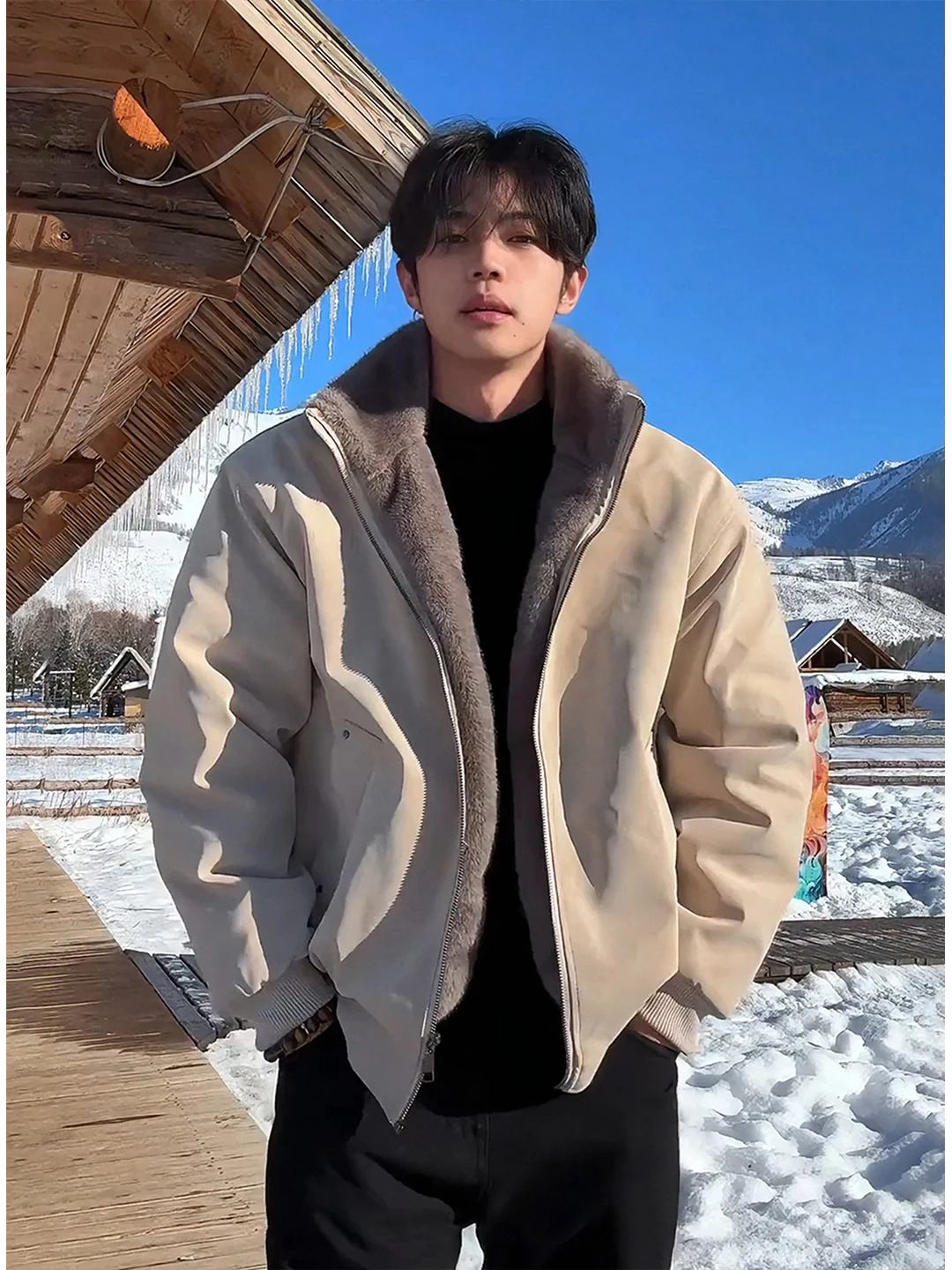 

Men's ort Cotton Jaet with Fur Collar PU Leather Simulation Fur Winter Thi Warm Stand Fit Casual Outerwear