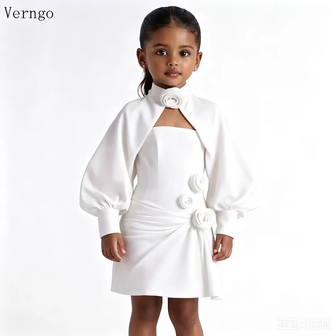 Verngo Simple Burgundy Mini Girl Fowers Dress Crepe Red Pleated Birthday Party Dresses Long Sleeves Kid Outfits Customized - view 5