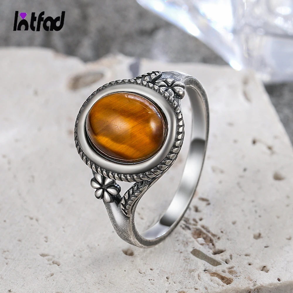 925 Sterling Silver Natural 8*10mm Tiger's Eye Stone Finger Ring for Women Gift Flower Fashion Jewelry Shaped Ring