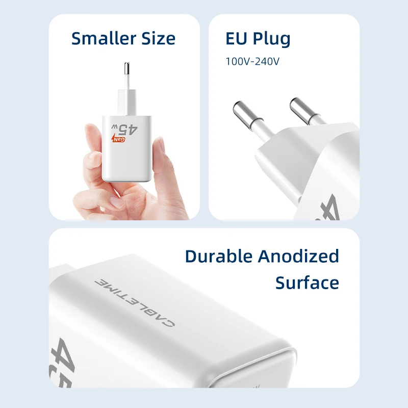 Cabletime gan usb tipo c carregador 45w pd qc 3.0 carregamento rápido pd3.0 carregador de telefone rápido para iphone 16 15 samsung xiaomi carregador