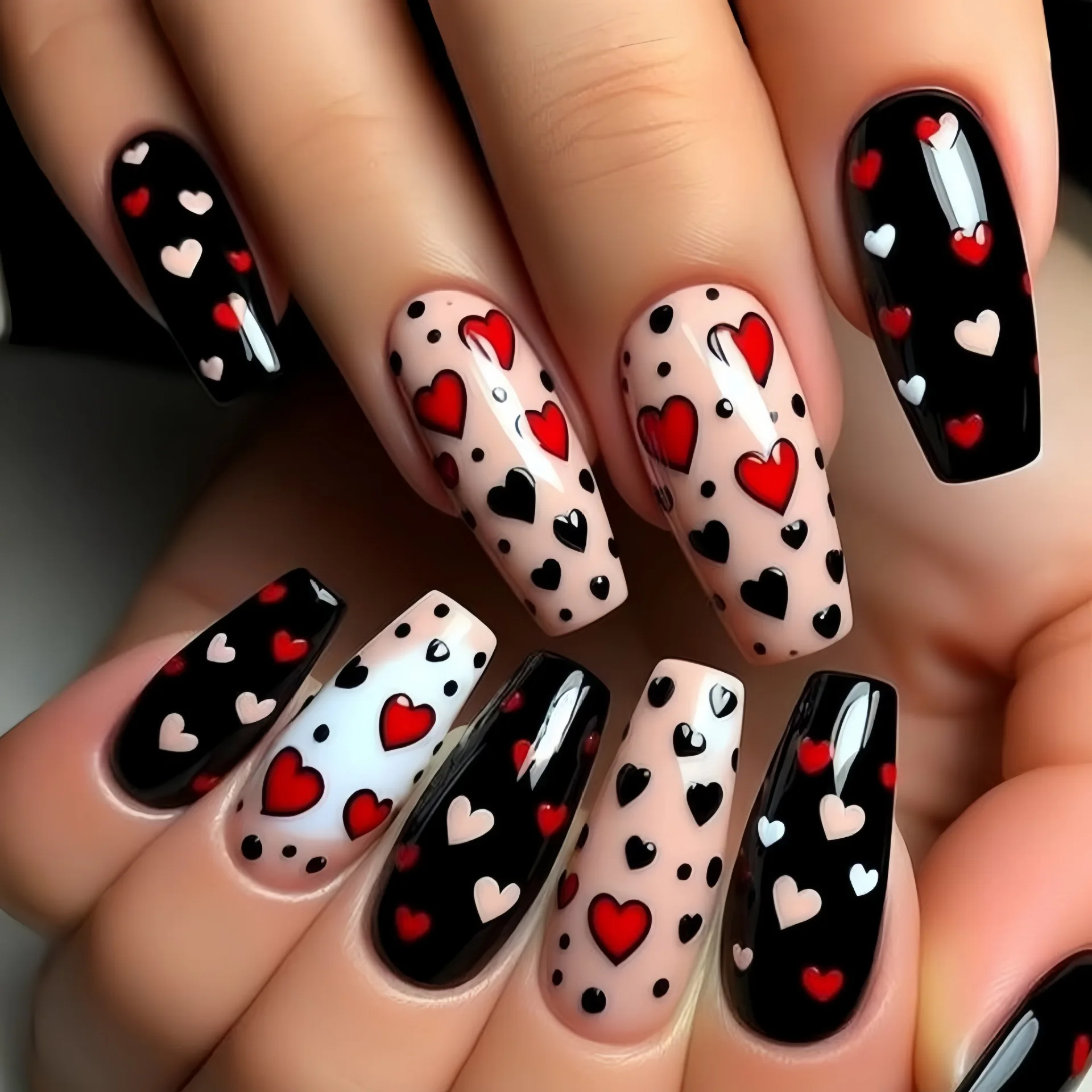 Medium long fake nails for women girls pink red black cute heart square ballet tips for Valentine's Day press on false nail art
